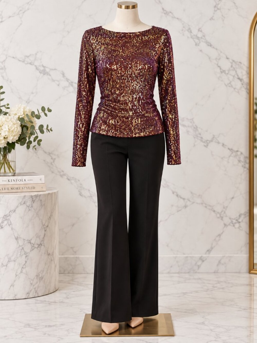 Free People Intimately Gold Rush Sequin Long Sleeve Top Burgundy L